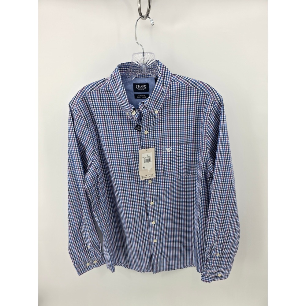 Chaps Mens Stretch Easy Care Blue Purple Gingham Button Down Shirt Small NWT